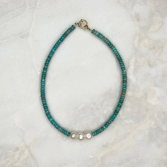 Turquoise & Freshwater Pearl Gemstone Necklace - Tria Made, LLC